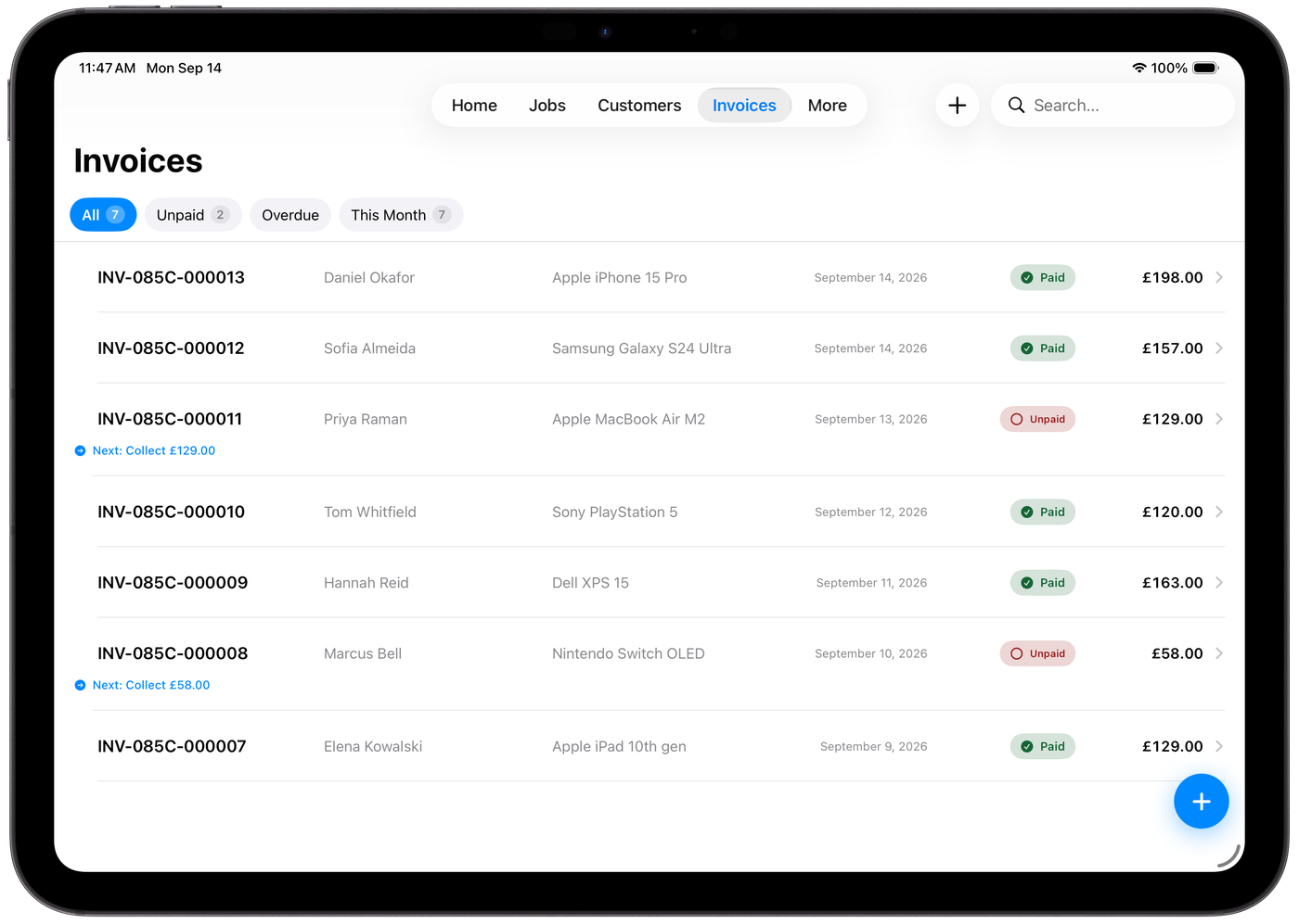 RepairFlow on iPad Pro, showing the invoice list with paid and unpaid invoices side by side