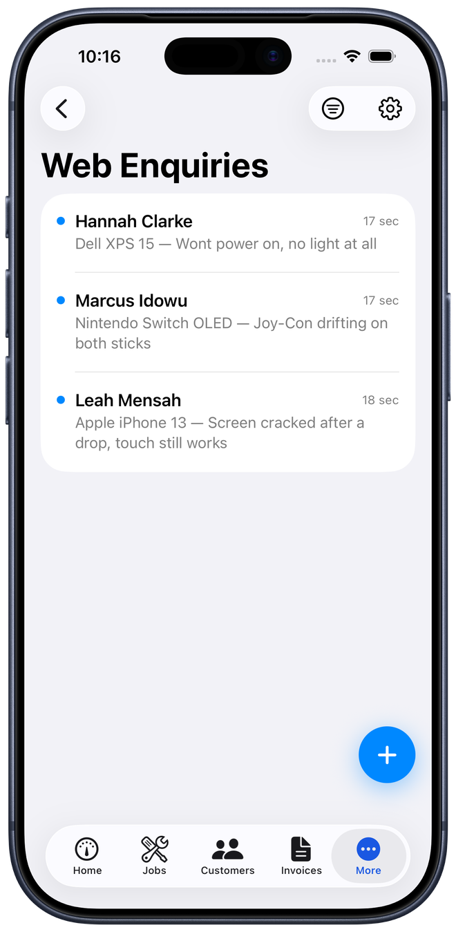 The web enquiries inbox on iPhone with three new enquiries