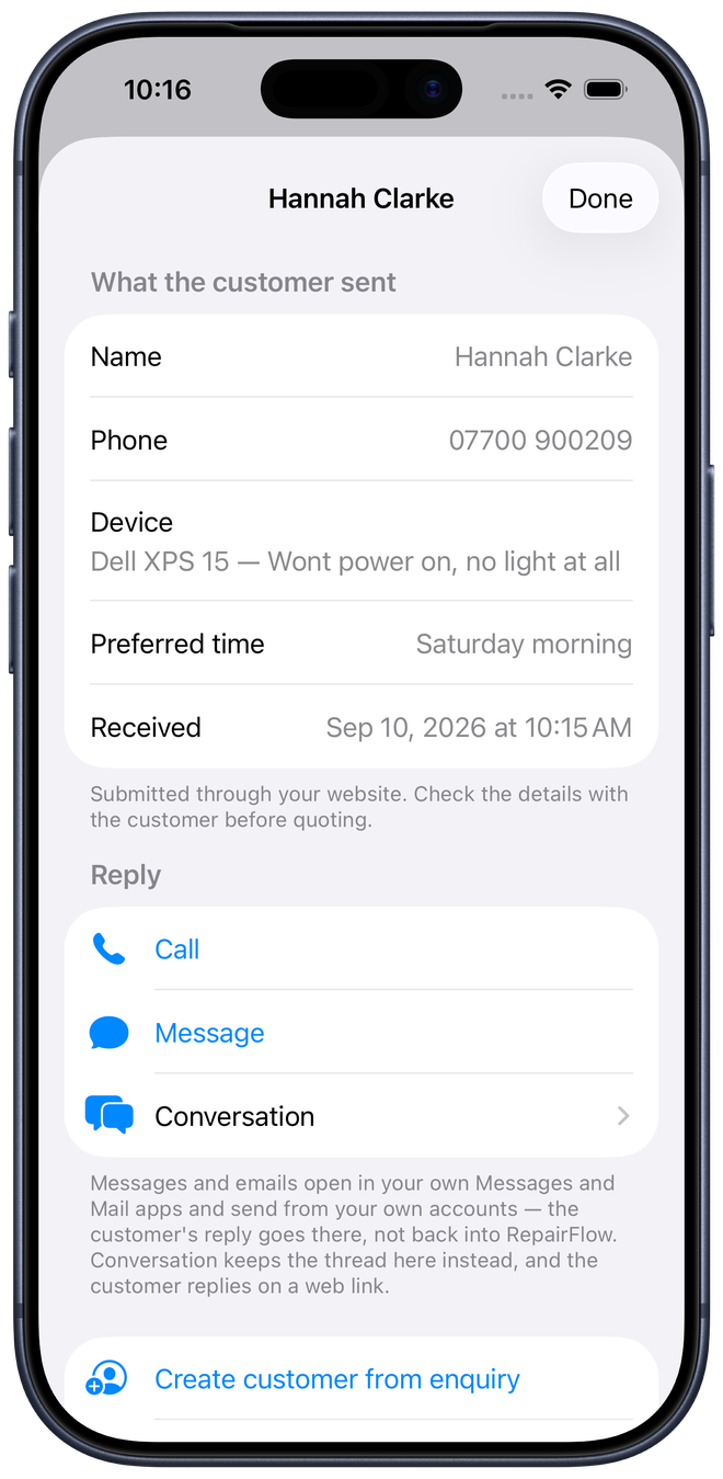 A website enquiry open in RepairFlow showing the customer's name, phone, device and fault, with options to call, message or start a conversation