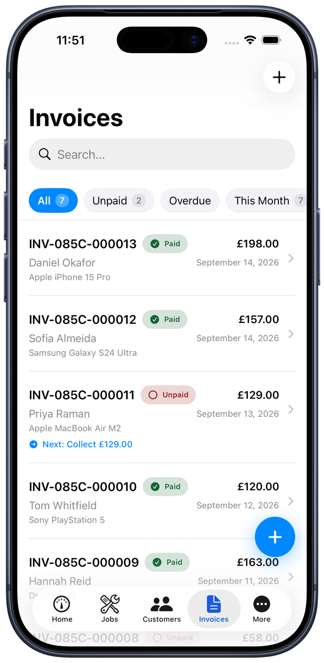The invoice list on iPhone showing invoices, paid and unpaid, with amounts and dates