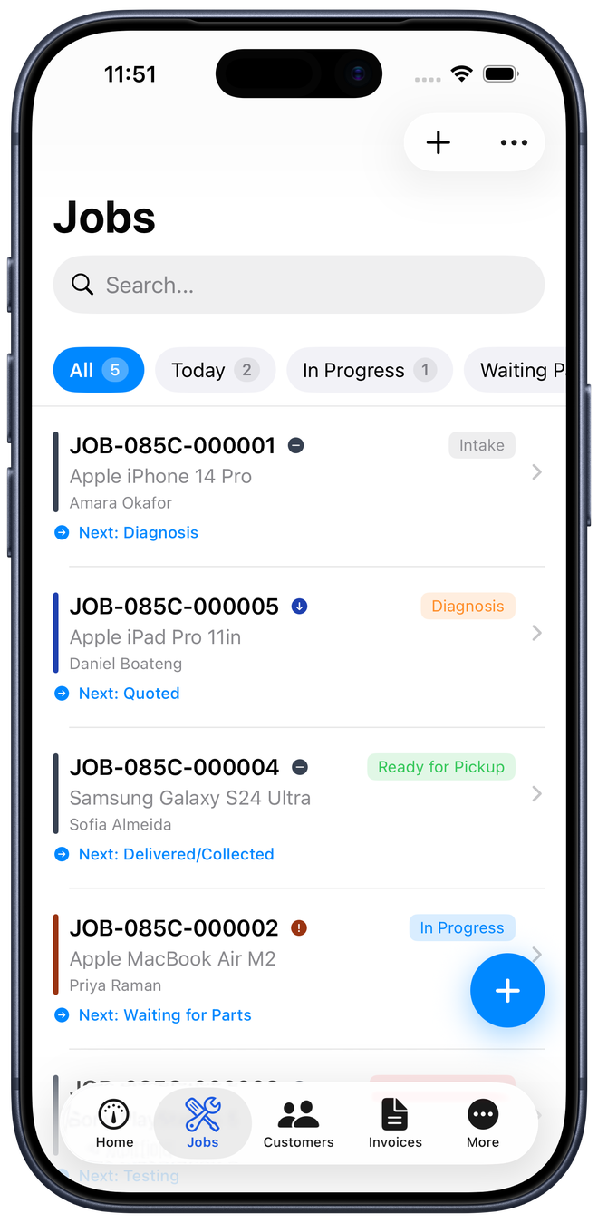 RepairFlow on iPhone, showing the jobs list with each repair's status and next step